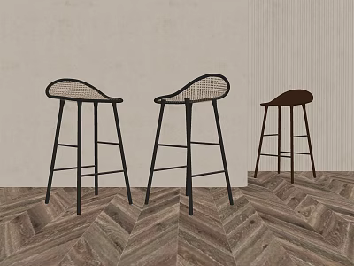 Black Mesh And Brown Curved Back Bar Stools Against Light Wall On Herringbone Wooden Floor 3d model