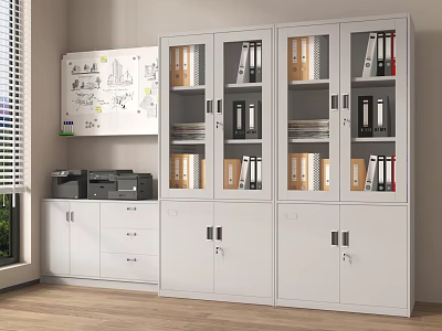 White Filing Cabinet with Glass Doors Organized Binders Printer and Drawers in Modern Office 3d model
