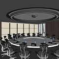Modern Conference Room With Round Meeting Table Black Office Chairs And Water Bottles