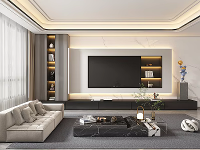 Modern Living Room Interior With Beige Sofa Marble TV Wall Coffee Table And Decorative Items 3d model