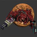 Red Armored Mechanical Warrior Holding Futuristic Weapons on Detailed Brown Base