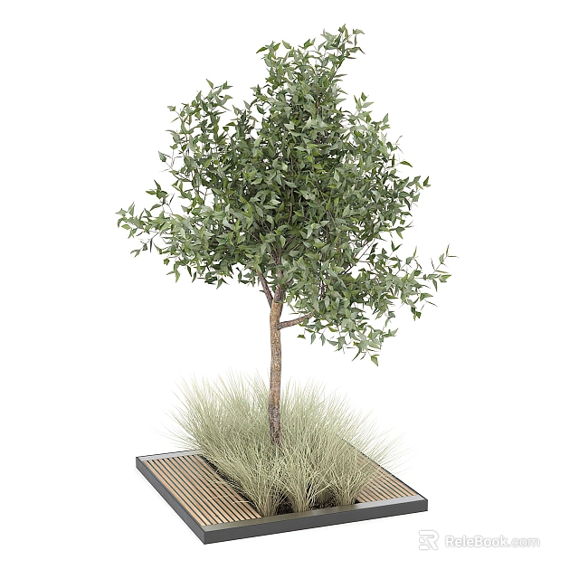 Tree Pit With Small Tree And Fresh Grass On Square Wooden Base 3d model 