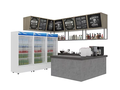Modern Reception Counter With Refrigerators Bottled Beverages Coffee Machine And Menu Boards 3d model
