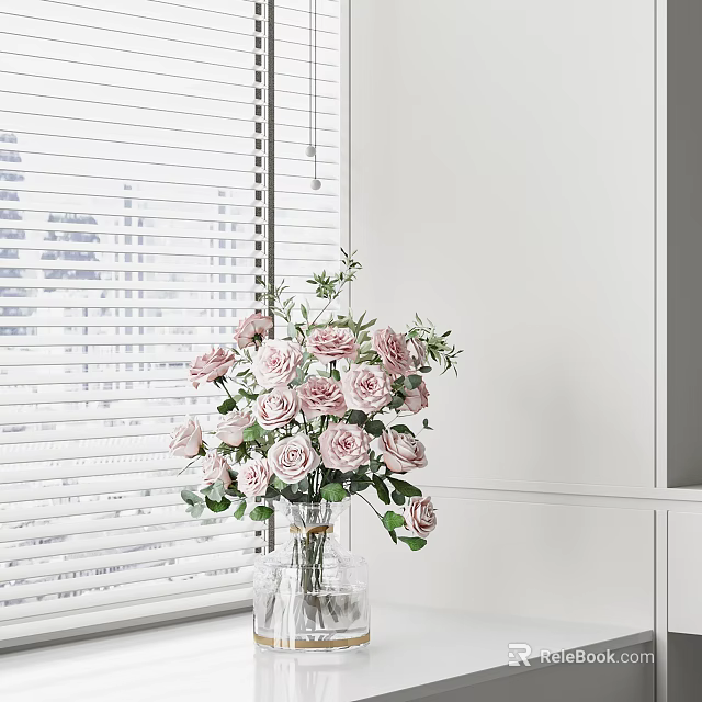 Glass Vase With Pink Roses And Green Leaves By White Window Blinds With City View 3d model 
