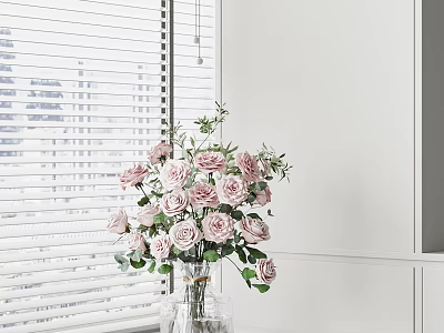 Glass Vase With Pink Roses And Green Leaves By White Window Blinds With City View 3d model