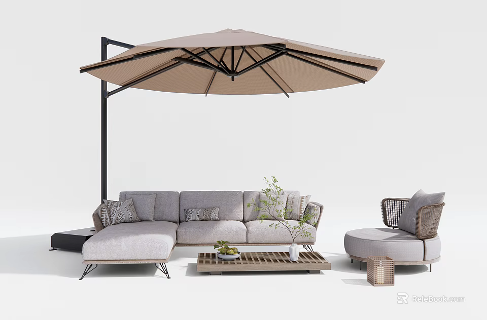 Modern Comfortable Outdoor Sofa Set With Large Umbrella And Coffee Table 3d model