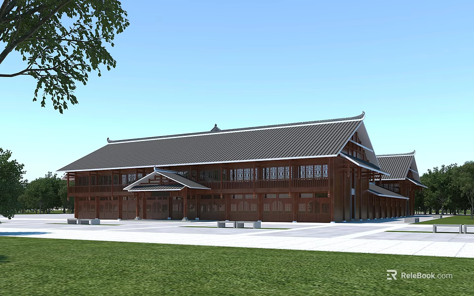 Ancient Chinese Architecture With Traditional Tiled Roof Wooden Structure And Grass Lawn 3d model 