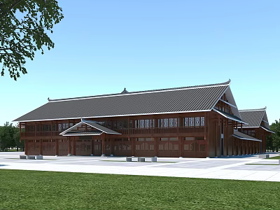 Ancient Chinese Architecture With Traditional Tiled Roof Wooden Structure And Grass Lawn 3d model