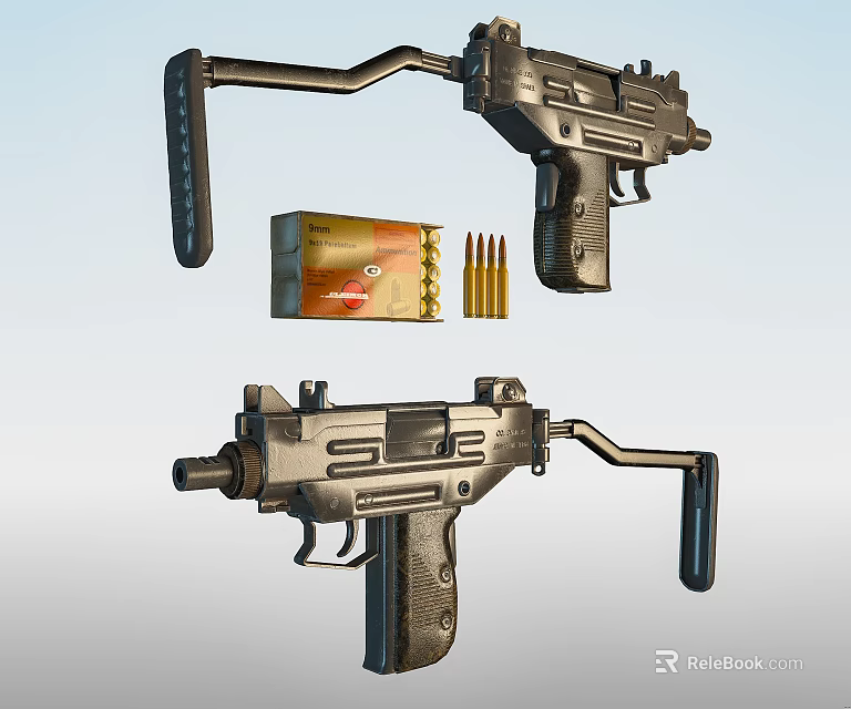 Vintage Submachine Guns Display Setup With Ammunition Case And Bullet Rounds 3d model