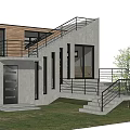 Modern Guesthouse Building With Concrete Wooden Facade Staircase Balcony Black Railing And Green Plant