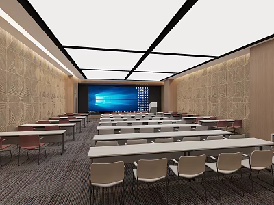 Modern Conference Room Interior Design With Large Screen And Neat Table Arrangement 3d model