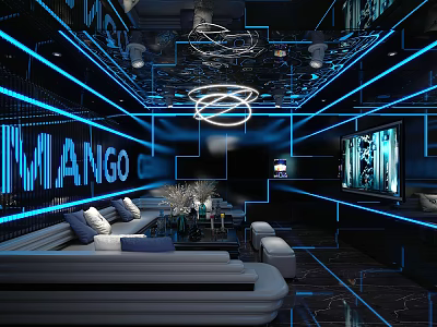 Modern KTV Interior Design With Blue Lighting Sofa Large Screen And Neon Lights 3d model