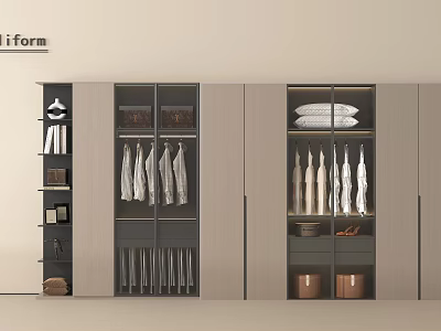 Modern Wardrobe Interior With Hanging Clothes Folded Items And Storage Boxes 3d model