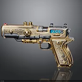 Golden Decorative Futuristic Pistol With Intricate Design And Blue Tech Accents