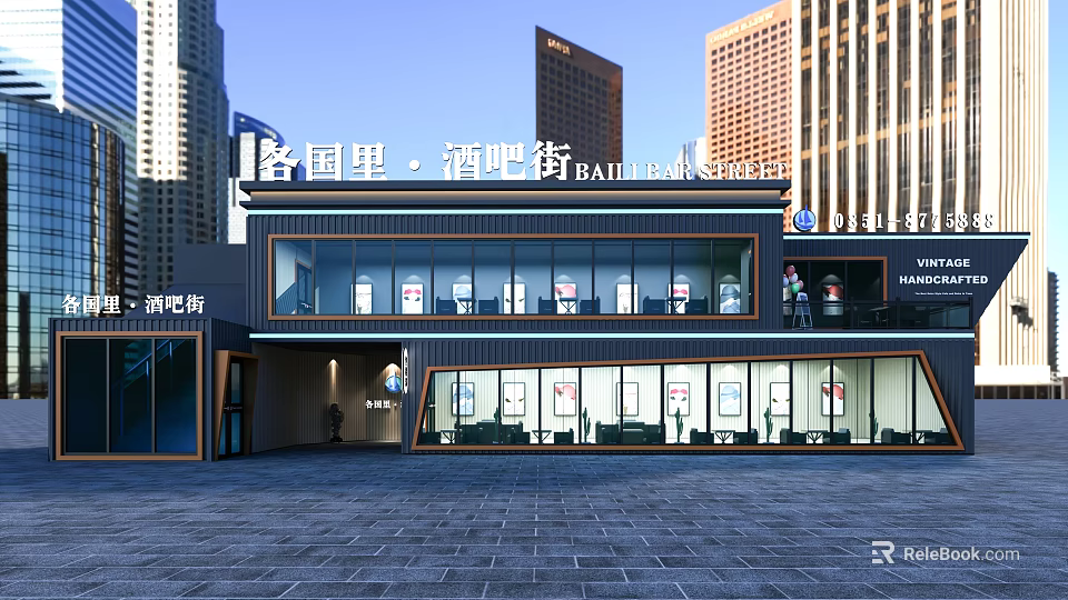 Modern Sales Office Building In Commercial District With Glass Curtain Walls And High Rise Background 3d model 