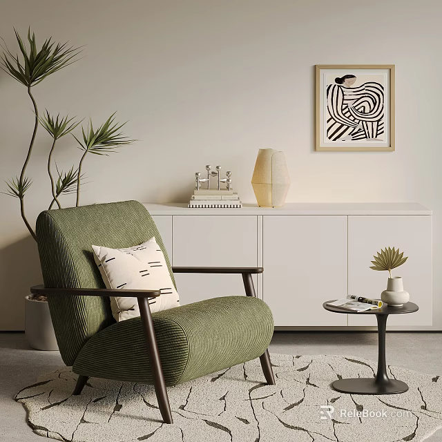 Green Leisure Chair with Patterned Cushion in Modern Living Space White Cabinet Wall Art and Potted Plant 3d model 
