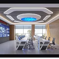 Modern Monitoring Room Interior With Large Screens Blue Ceiling Light Long Desk And Comfortable Chairs
