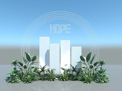 Floral Installation Design With Green Plants White Structures Arched Lines And HOPE Lettering 3d model