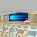 Kindergarten Performance Stage With White Piano Blue Backdrop Screen And Colorful Chairs