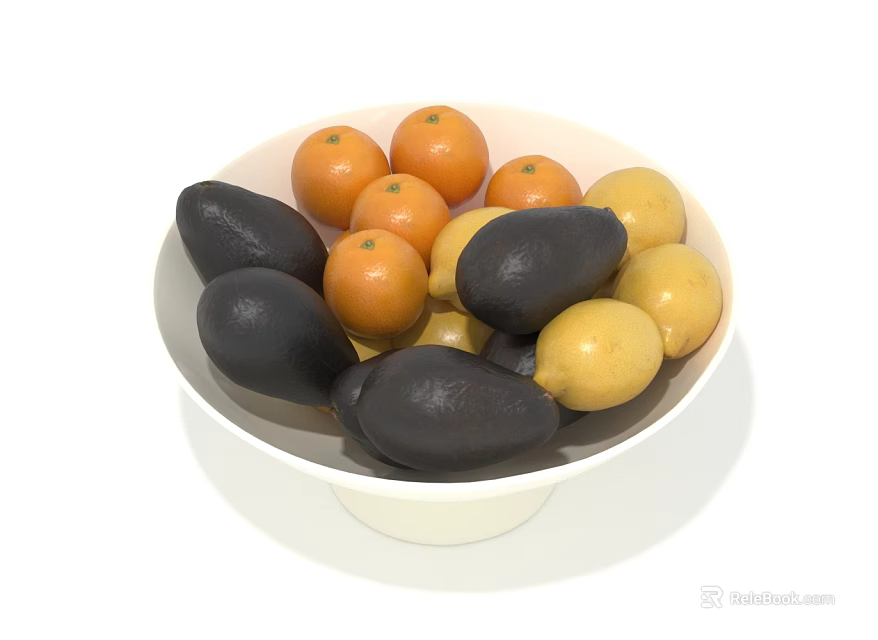 Fresh Assorted Fruits in White Bowl Including Black Avocados Orange Citrus and Yellow Lemons 3d model 