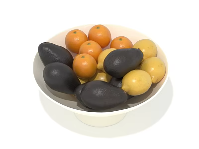 Fresh Assorted Fruits in White Bowl Including Black Avocados Orange Citrus and Yellow Lemons 3d model