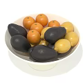 Fresh Assorted Fruits in White Bowl Including Black Avocados Orange Citrus and Yellow Lemons