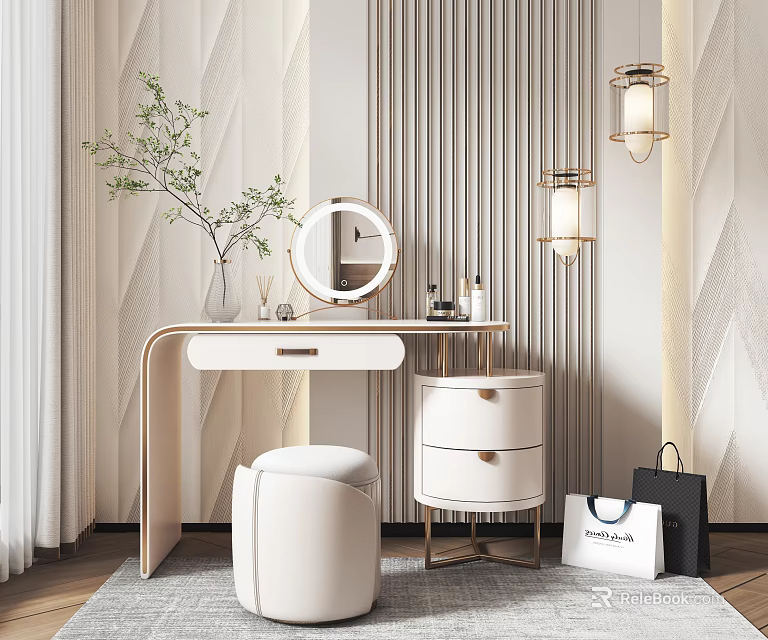 Modern White Vanity Table Design With Round Mirror Potted Plant Wall Lamps And Stool 3d model 