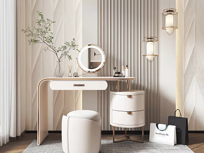 Modern White Vanity Table Design With Round Mirror Potted Plant Wall Lamps And Stool 3d model