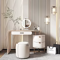 Modern White Vanity Table Design With Round Mirror Potted Plant Wall Lamps And Stool