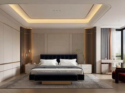 Elegant Modern Bedroom Interior With King Size Bed Textured Wall And Window Curtains 3d model