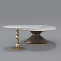 Round Marble Top Dining Table With Dark Wood And Brass Pedestal Base