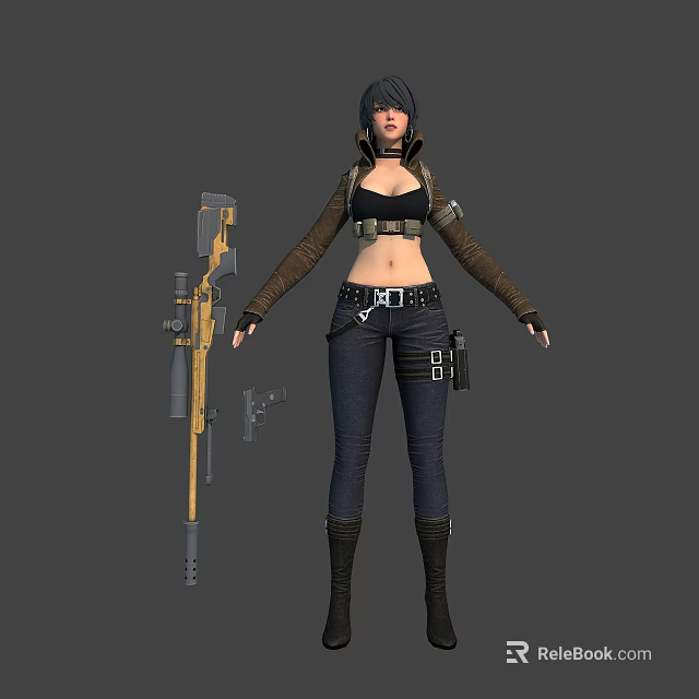 3D Female Warrior Character With Long Rifle Pistol And Utility Belt Outfit 3d model 