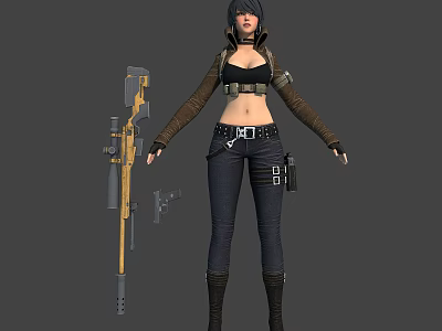 3D Female Warrior Character With Long Rifle Pistol And Utility Belt Outfit 3d model