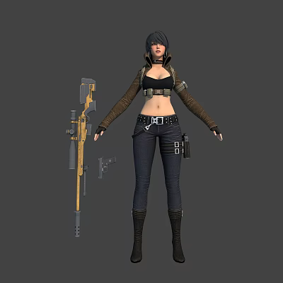 3D Female Warrior Character With Long Rifle Pistol And Utility Belt Outfit 3d model