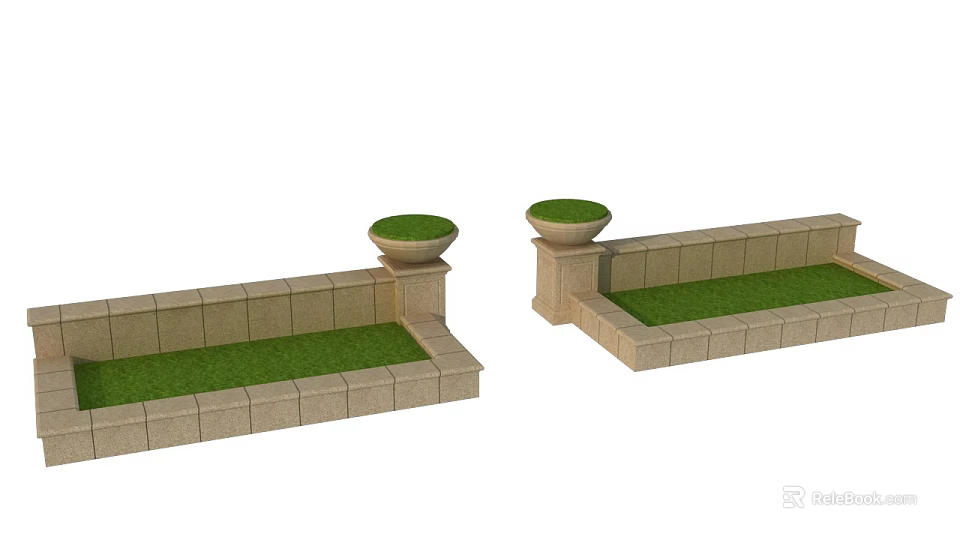 Decorative Garden Wall With Stone Platforms And Circular Grass Accents 3d model
