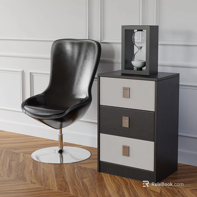 Stylish Modern Black And White Dresser With Drawers Metal Handles Hourglass Decor And Accent Chair 3d model 