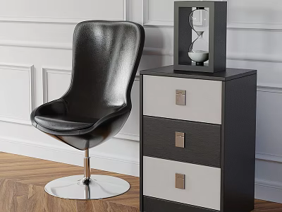 Stylish Modern Black And White Dresser With Drawers Metal Handles Hourglass Decor And Accent Chair 3d model