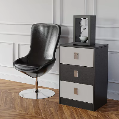 Stylish Modern Black And White Dresser With Drawers Metal Handles Hourglass Decor And Accent Chair 3d model