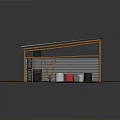 Covered Building Structure With Yellow Supporting Columns Brown Ground And Storage Buckets Equipment