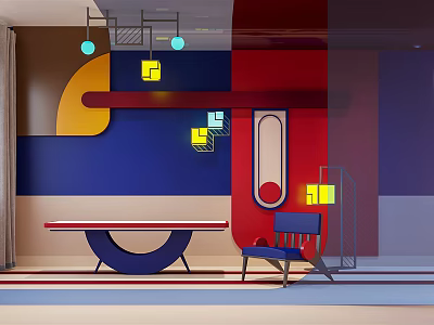 Modern Living Room With Colorful Geometric Shapes And Minimalist Furniture Decor 3d model