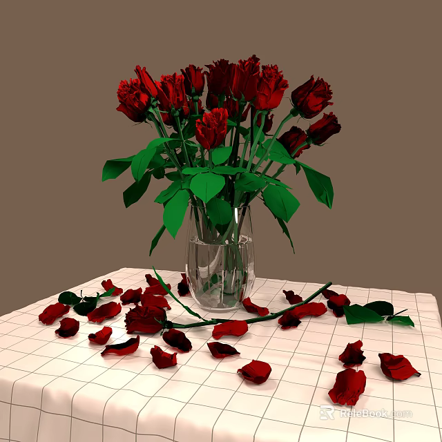 Beautiful Red Roses in Glass Vase with Scattered Petals on White Checkered Tablecloth 3d model 