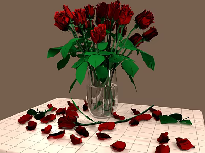 Beautiful Red Roses in Glass Vase with Scattered Petals on White Checkered Tablecloth 3d model