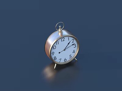 Silver Alarm Clock with Metal Case Round Dial Black Numbers Hands and Stand 3d model