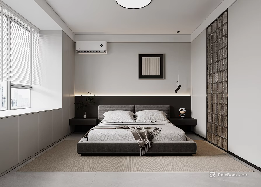 Modern Bedroom Interior With Large Bed White Tones Blinds Framed Art And Glass Block Wall 3d model 