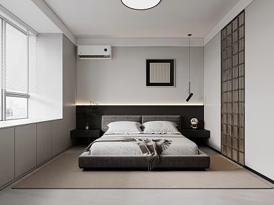 Modern Bedroom Interior With Large Bed White Tones Blinds Framed Art And Glass Block Wall 3d model