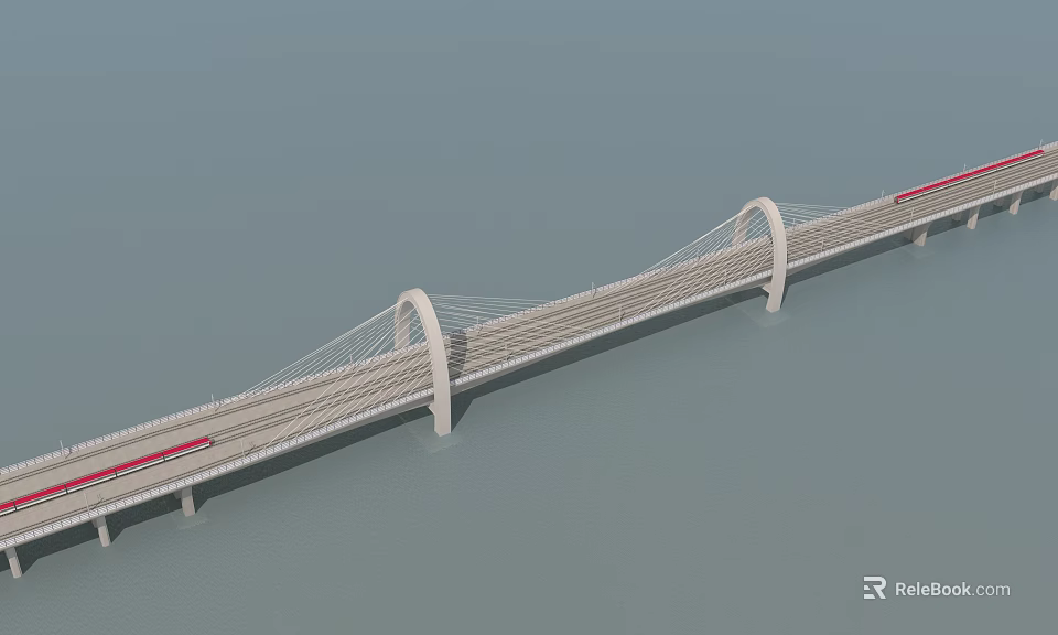 Modern Cable Stayed Bridge Design With Arch Towers Road Lanes And Red Vehicles 3d model 