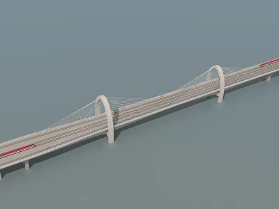 Modern Cable Stayed Bridge Design With Arch Towers Road Lanes And Red Vehicles 3d model