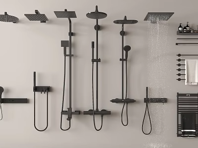 Black Shower Systems with Various Styles and Modern Bathroom Accessories in Contemporary Design 3d model