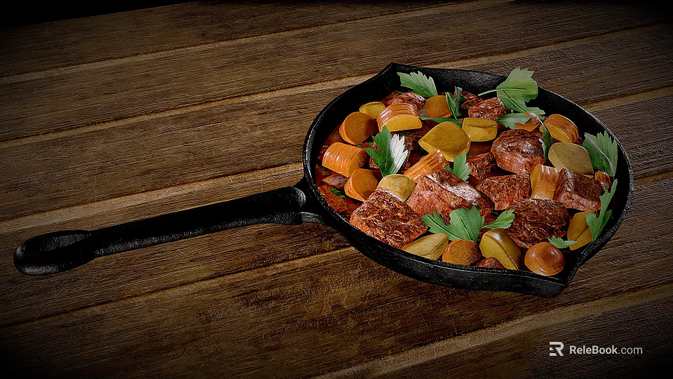 Savory Meat Chunks Sausages and Carrots in Cast Iron Skillet with Parsley on Wooden Table 3d model 