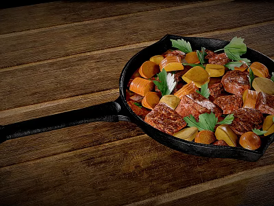 Savory Meat Chunks Sausages and Carrots in Cast Iron Skillet with Parsley on Wooden Table 3d model